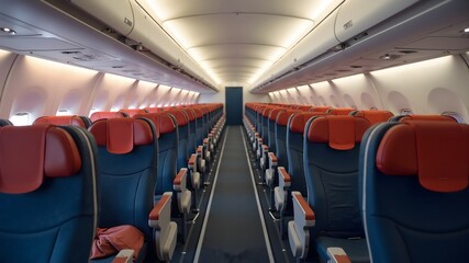 Airplane cabin and aisle with empty comfortable seats in economy class inside of plane			
