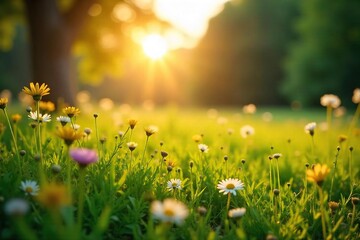 Golden hour sunlight bathes a lush green meadow, wildflowers in bloom, a tranquil summer scene perfect for relaxation and escape , bright, fresh