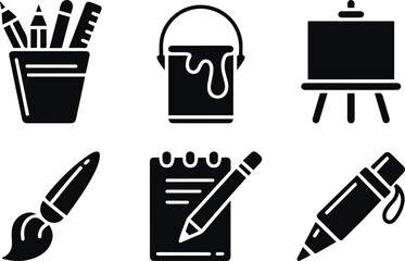 Art Supplies Icons Set - Creative Tools and Crafts silhouette vector.