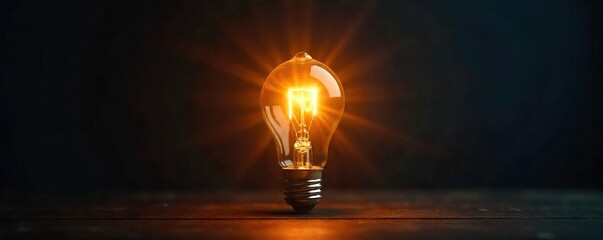 A single bright light bulb illuminates a dark room, radiating a powerful and radiant glow, symbolizing inspiration and innovative thinking , problem-solving, progress