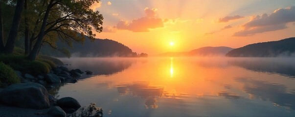 Serene sunrise over calm water, soft golden light illuminating peaceful landscape Perfect for relaxation, meditation, and nature themes , clouds, waves, sunrise