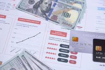 Financial documents, US dollars, and credit cards on reports with graphs and customer satisfaction ratings.