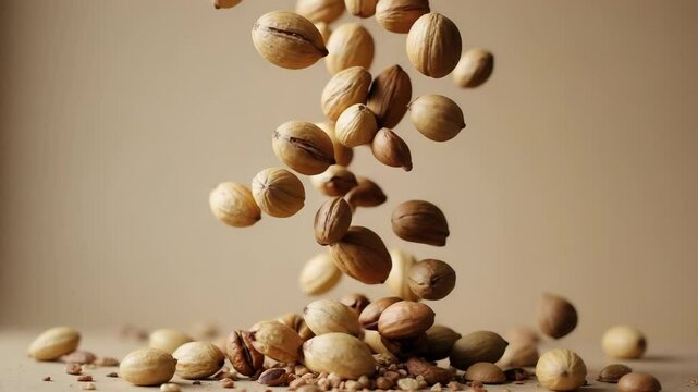 Pistachio nuts floating in mid-air over a neutral background  