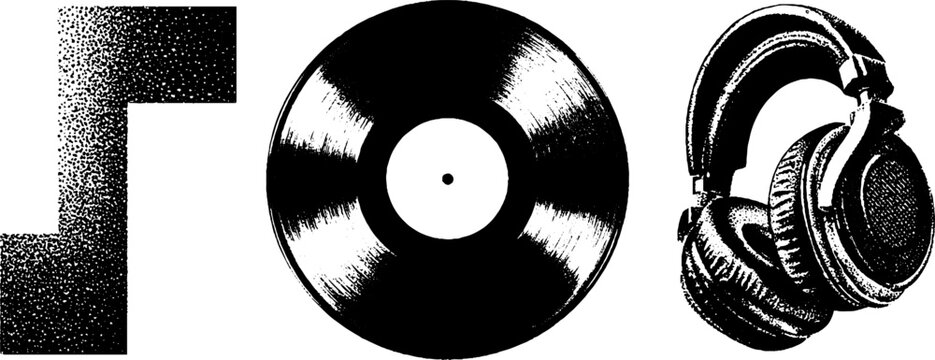Minimalist music design with vinyl record and headphones in engraving stipple texture