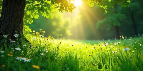 Sunlight dapples through leaves onto a lush, vibrant green meadow dotted with wildflowers, creating a scene of serene natural beauty , growth, botany