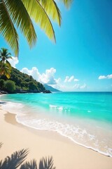 Vibrant summer scene with sun-drenched beach, turquoise ocean waves, and clear blue sky Perfect for travel, vacation, and holiday themes , summer, travel