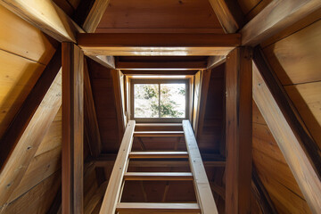 Stairway leading to sunlight through a wooden window Generative AI