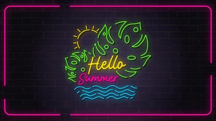 4K animated neon video with glowing "Hello Summer" text, tropical leaves, sun, and waves on a dark brick wall. Ideal for summer-themed digital ads, intros, or event promotions.