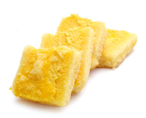 There was a small cake on a white background - stock photo
