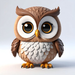 Obraz premium Round and adorable 3D cartoon owl with big glowing eyes, perched quietly with a sweet expression.