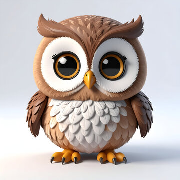 Round and adorable 3D cartoon owl with big glowing eyes, perched quietly with a sweet expression.