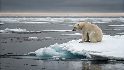 A polar bear sits on a small piece of ice in the Arctic Ocean, highlighting the effects of climate change on its habitat.