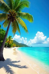 A vibrant summer scene featuring sun-drenched beach, clear turquoise water, and lush green palm trees swaying gently in the breeze, signaling the start of a carefree season , paradise, hot, escape