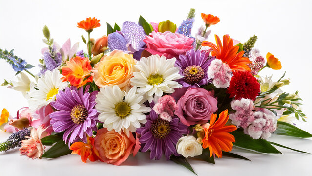 Colorful bouquet of assorted flowers isolated on white background