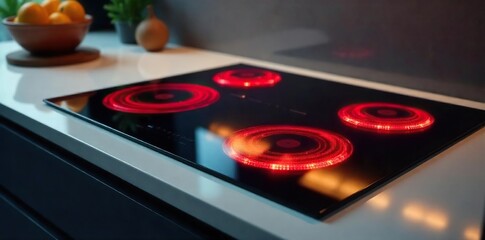 A modern electric stovetop with sleek black glass surface and glowing heating elements, ready for cooking Clean lines and minimalist design showcase its contemporary appeal , radiant, temperature