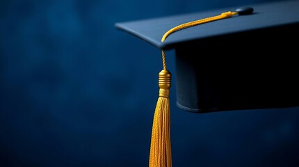 Graduation cap with gold tassel on blue background