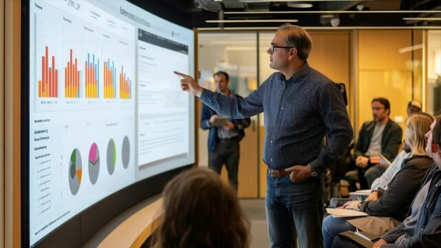 Business presentation with data visualization on large screen.  A group of people are attending a presentation where a presenter is highlighting data charts on a large screen display