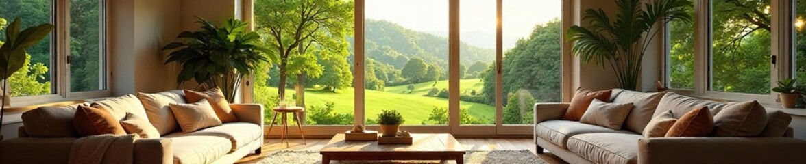 A cozy, sun-drenched living room with large windows overlooking a lush green landscape The perfect image to represent the idyllic home of your dreams , modern, sanctuary