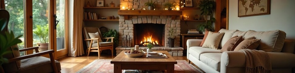 Cozy family living room with warm lighting, plush furniture, and inviting decor Perfect for relaxation and quality time together Features a fireplace and plenty of natural light , windows, domestic