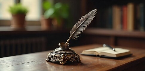 Elegant antique feather inkstand, meticulously crafted with ornate details Perfect for vintage, writing, stationery, or office d?cor Features a charming, rustic aesthetic , ornate, detail