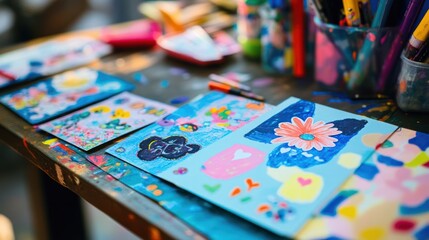 Fototapeta premium Colorful Children's Artworks on a Table