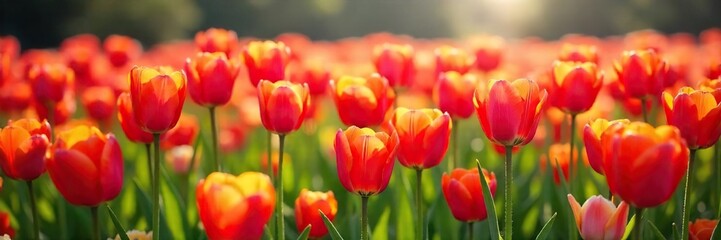 Vast field of vibrant tulips blooming in the spring sunshine, a colorful carpet of nature's beauty Perfect for springtime, floral, and nature themes , plant, clouds