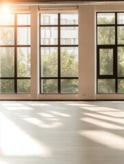 Empty room with three large windows. the windows are arranged in a row, with the largest window on the left and the two smaller ones on the right. the room has a wooden floor and white walls.