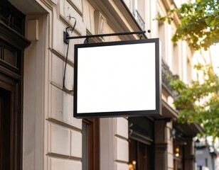 Blank rectangular sign hanging on a building facade with ornate architectural details