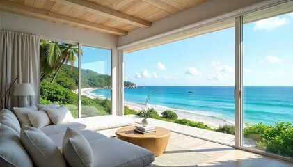 Sun-drenched beachfront home with expansive windows, overlooking a tranquil ocean Perfect for summer getaways and relaxation Enjoy the idyllic scenery and peaceful atmosphere , escape, ocean