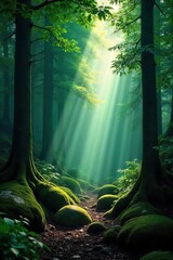 Dark, lush evergreen forest scene, sunbeams filtering through dense canopy, creating mystical atmosphere Ancient trees, mossy rocks, dappled shadows, deep woods, wild nature , flora, background