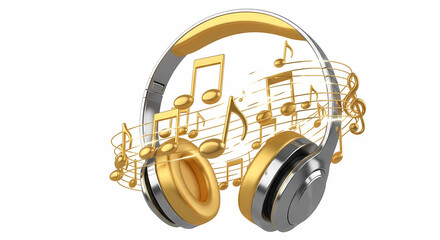 Fototapeta premium Golden Headphones & Musical Notes: Premium Audio Experience