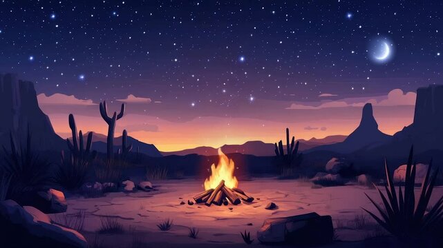 Desert campfire under a starry sky