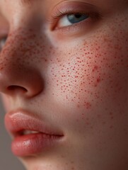 Naklejka premium Skin texture with red freckles on woman's face.