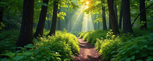 A winding path veers off the main trail, disappearing into a dense, sun-dappled forest, promising adventure and the unexpected discovery of hidden wonders within nature's embrace , unknown, sunlight