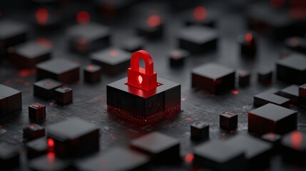 In a dark, textured digital space a red padlock glows atop a small black cube, symbolizing security, protection, and privacy in the world of data and technology.