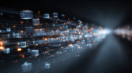Floating transparent cubes scatter with a streaming light effect, creating a modern and futuristic technological backdrop on a dark surface, illuminated brightly.