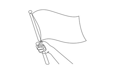 One continuous line drawing hand holding white flag. Hand holds flag in single line illustration, Doodle of hand holding white flag illustration on white background.