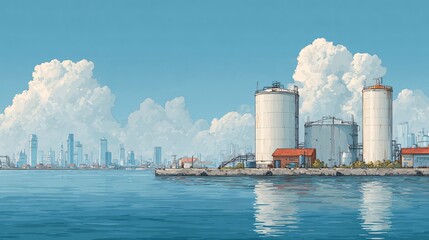 Obraz premium A serene watercolor painting shows industrial storage tanks alongside a calm waterfront with a distant cityscape under a bright, partly cloudy sky so peaceful.