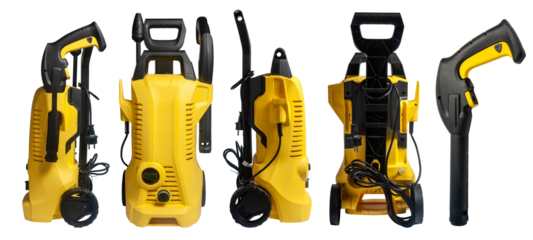 A yellow and black pressure washer is shown from multiple angles, highlighting its design and components, isolated on a white background.
