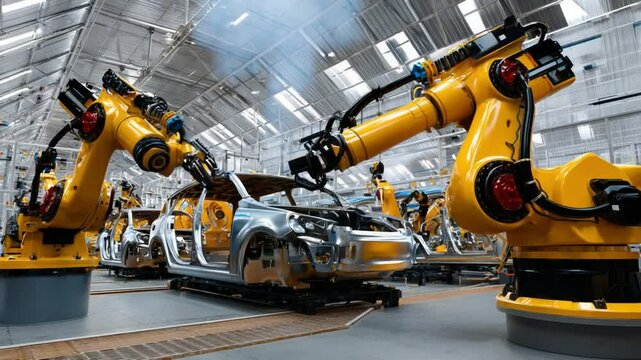Robotic Assembly Line: Dynamic shot capturing advanced automated robotic arms meticulously assembling car components within a modern factory. A powerful visual representation of industrial progress.