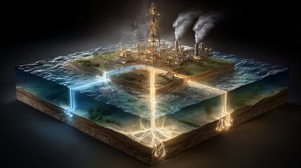 An illustrative isometric view showcasing a fracking operation and its environmental impact with industrial structures and underground geological layers depicted.