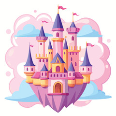 Fototapeta premium Pink Princess Castle Floating on Clouds Vector Design