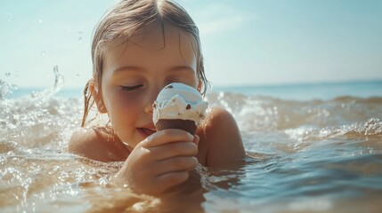 A joyful scene of a young girl in the ocean, smiling and enjoying her ice cream cone.