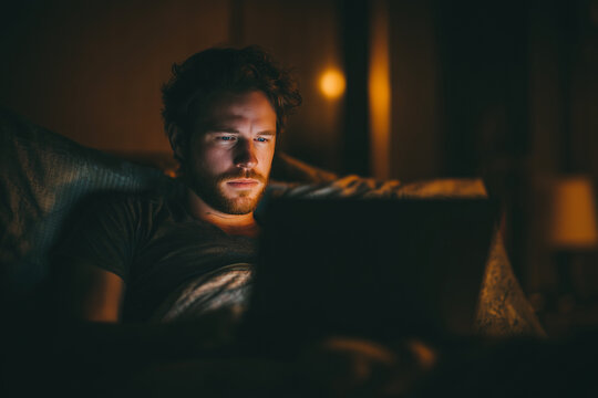 A man is sitting on a bed with a laptop in front of him. He is looking at the screen with a serious expression. The room is dimly lit, creating a cozy and intimate atmosphere