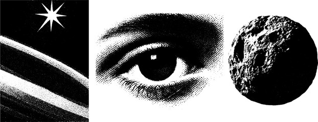 Vintage engraving with stippling halftone eye and celestial objects