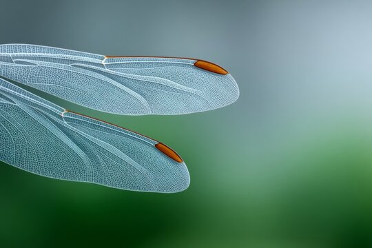 Delicate dragonfly wings with intricate patterns against a blurred green and blue background.