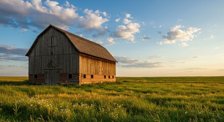 Obraz premium Rustic barn basks in prairie sunlight