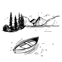  Hand-drawn  landscape with boat on mountain lake. Vector sketch  illustration.