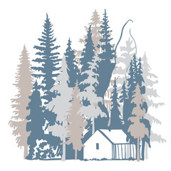 Hand-darwn cabin in the woods.  Vector sketch  illustration.