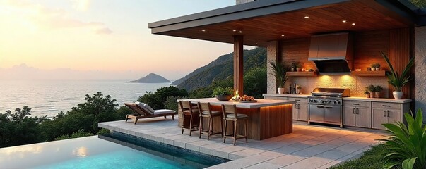 A luxurious outdoor kitchen and dining area situated on a spacious deck, creating a stunning island centerpiece Enjoy the perfect blend of indoor and outdoor living , plants, evening, relaxation